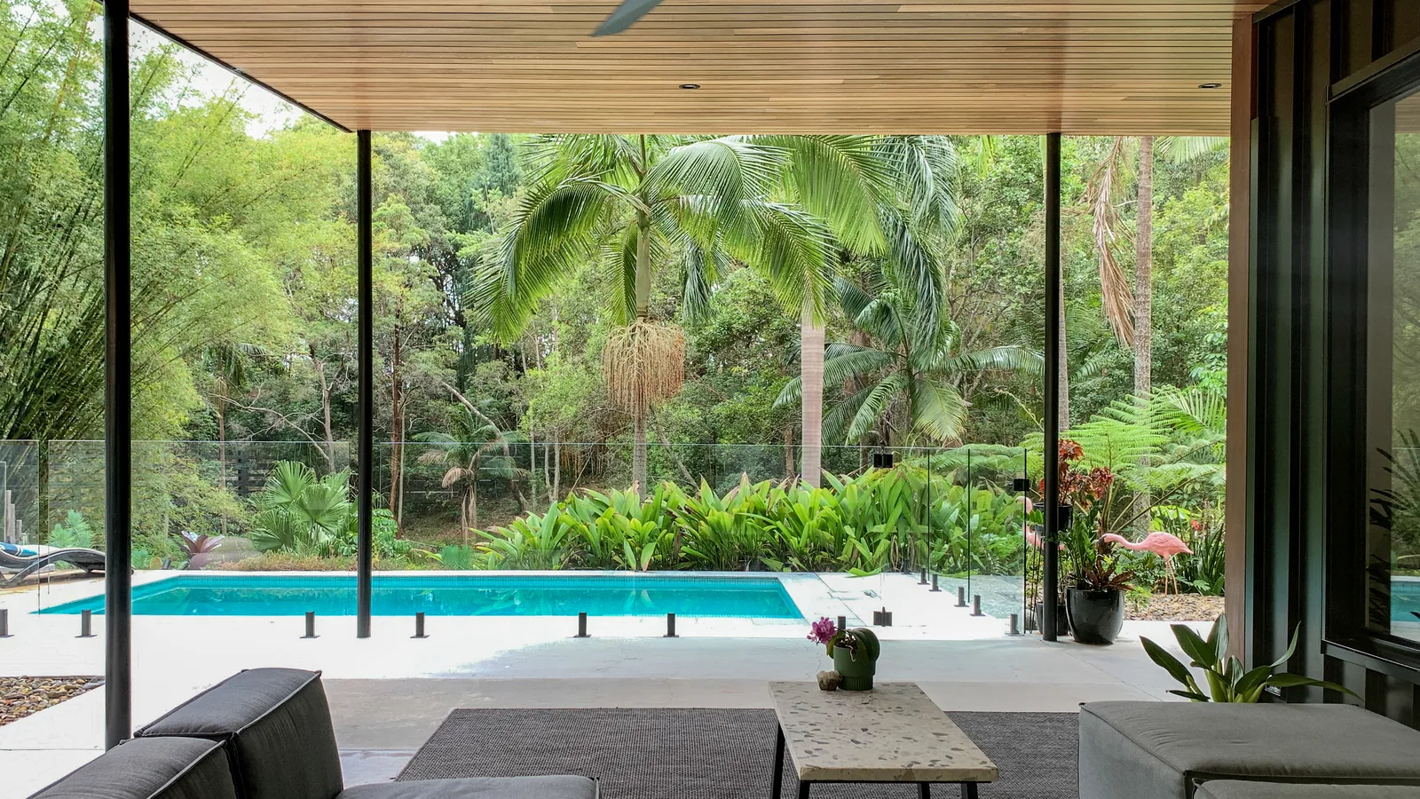 Looking out from under the timber-lined ceiling of the outdoor room, past a ceiling fan and steel posts, to the pool and rainforest.